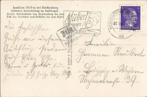 AK Jeschken 1010m bei Reichenberg. ca. 1943, Postkarte. Ca. 1943, gebraucht, gut