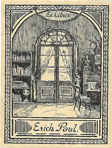 Original Grafik Exlibris: Erich Paul, Bücherei, Interieur, gut