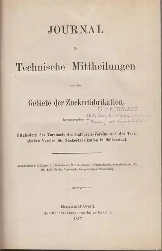 Buch: Journal für Technische Mittheilungen, Bodenbender, 1877, Zuckerfabrikation