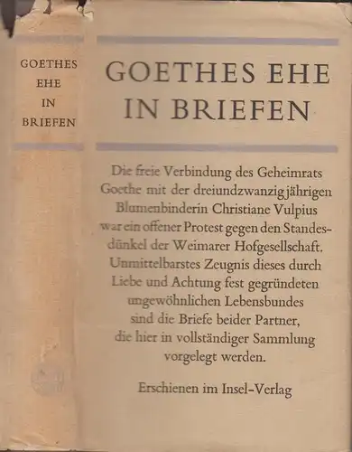 Buch: Goethes Ehe in Briefen, Gräf, Hans Gerhard. 1966, Insel Verlag