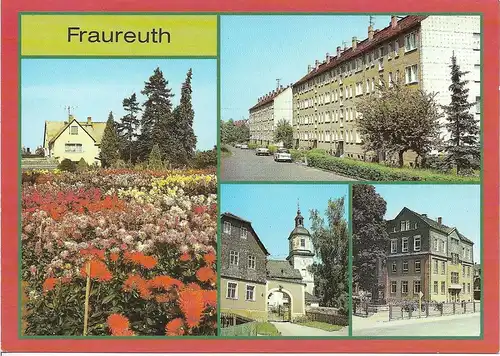 AK Fraureuth. Dahlienschau. neubauten. Kirche. Blick zur Schule. ca. 1990 314409