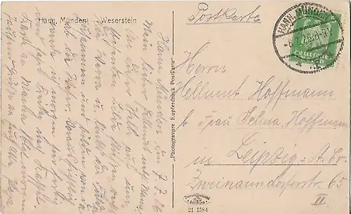 AK Hann. Münden. Weserstein. ca. 1926, Postkarte. Serien Nr, ca. 1926