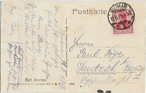 AK Bad Ilmenau. Aussichtsturm a.d. Kickelbahn. ca. 1919, Postkarte. Ca. 1919