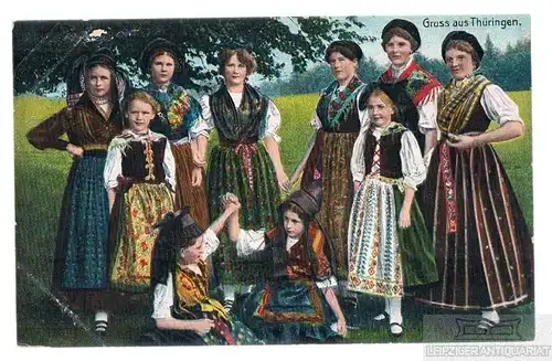 AK Gruss aus Thüringen. Thüringer Mädchen in Thüringer Tracht, Postkarte
