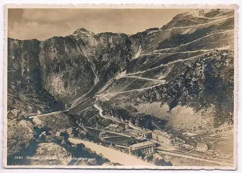 AK Gletsch (1762 m) mit Grimselstrasse. Postkarte, W. Pleyer, gebraucht, gut