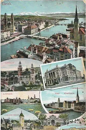 AK Zürich. Tonhalle. Theater. Landesmuseum. ca. 1907, Postkarte. Serien Nr