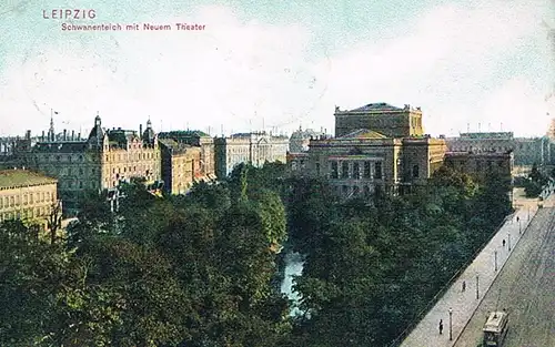 AK Leipzig. Schwanenteich mit Neuem Theater. ca. 1906, Postkarte. 1906