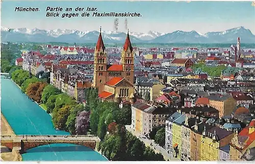 AK München. Partie an der Isar. Blick gegen die Maximilianskirche... Postkarte