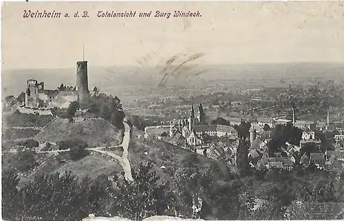 AK Weinheim a.d.B. Totalansicht und Burg Windeck. ca. 1913, Postkarte. Serien Nr