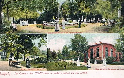 AK Leipzig. Im Garten des Städtischen Krankenhauses zu St. Jacob, Postkarte
