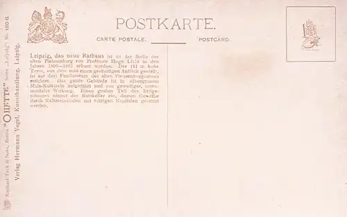 AK Leipzig. Neues Rathaus, Postkarte, Verlag Hermann Vogel, gebraucht, gut