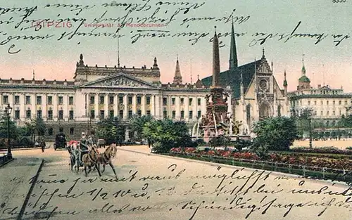 AK Leipzig. Universität & Mendebrunnen. ca. 1915, Postkarte. Nr. 8350, 1915