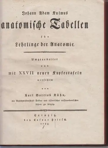 Buch: Joh. Ad. Kulmus anatomische Tabellen f. Lehrlinge d. Anatomie, Kulmus/Kühn