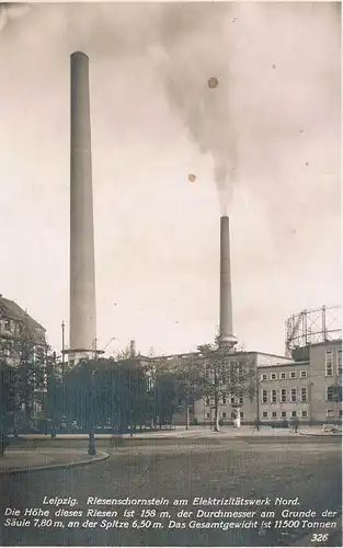 AK Leipzig. Riesenschornstein am Elektrizitätswerk Nord, Postkarte. Nr. 326