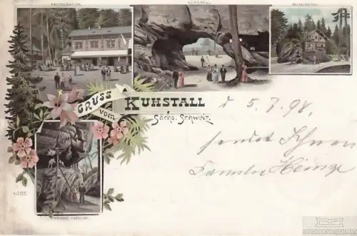 AK Gruss vom Kuhstall Sächs. Schweiz. Krumme Karoline. Litho vor 1900, Postkarte
