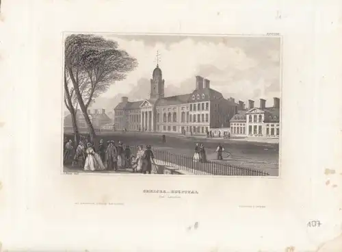 Chelsea-Hospital bei London. aus Meyers Universum, Stahlstich. Kunstgrafik, 1850