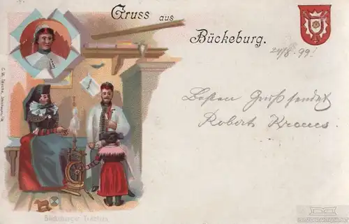 AK Gruss aus Bückeburg. Bückeburger Trachten. Litho vor 1900, Postkarte