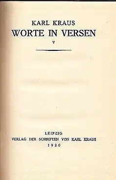 Buch: Worte in Versen V, Kraus, Karl. 1920, Verlag der Schriften von Karl Kraus