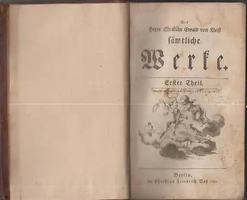 Buch: Sämtliche Werke, Christian Ewald von Kleist, 1760, bey Chr. Friedrich Voß