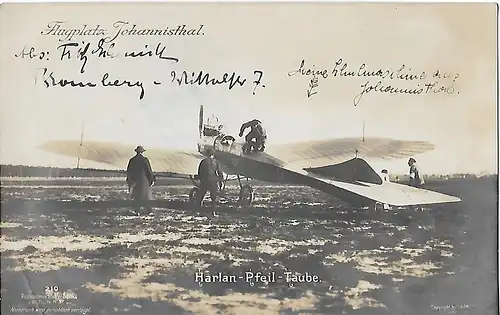 AK Flugplatz Johannisthal. Harlan-Pfeil-Taube. ca. 1915, Luftfahrt, gut