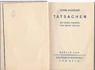 Buch: Tatsachen, Barbusse, Henri. Universum-Bücherei, 1929, gebraucht, gut