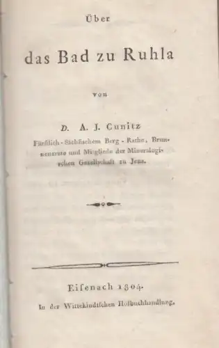 Buch: Über das Bad zu Ruhla, Cunitz, D. A. J. 1804, gebraucht, gut