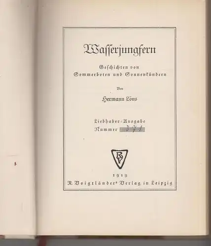 Buch: Wasserjungfern, Löns, Hermann, 1919, Voigtländers Verlag, guter Zustand