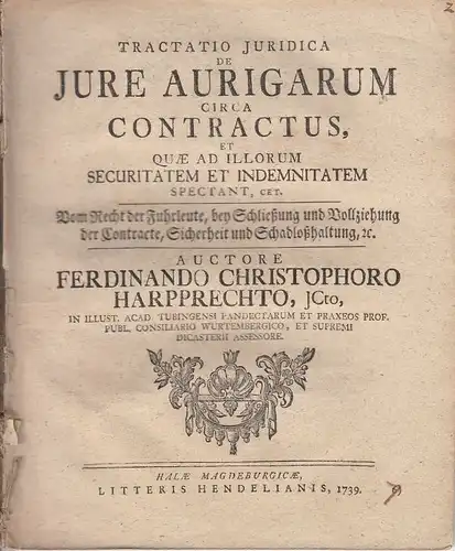 Buch: De iure aurigarum circa contractus ... Harpprechto, 1739