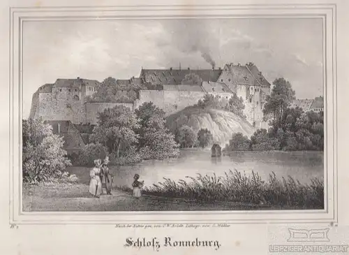 Schloss Ronneburg. Original-Lithographie. Grafik mit Passepartout, Arldt. 1840