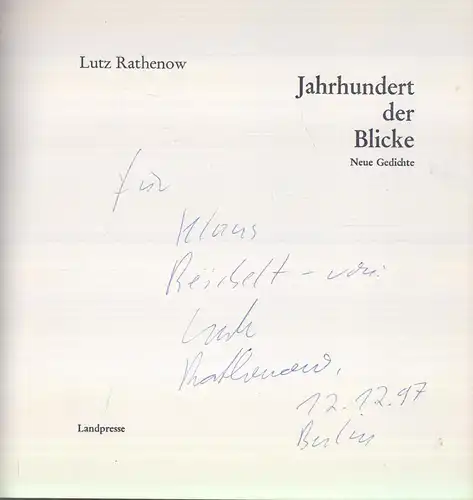 Buch: Jahrhundert der Blicke, Neue Gedichte, Rathenow, Lutz, 1997, Landpresse