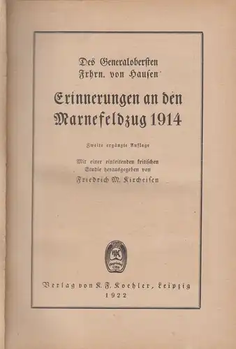 Buch: Erinnerungen an den Marnefeldzug 1914, Kircheisen, Friedrich M., 1922