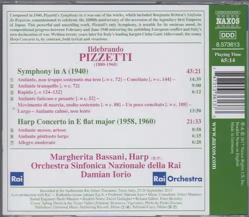 CD: Ildebrando Pizzetti, Symphony in A. Harp Concerto, 2015, Margherita Bassani