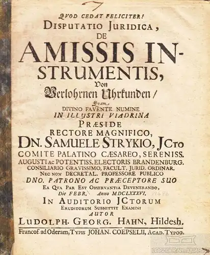 Buch: Disputatio Juridica, de Amissis Instrumentis, - Von Verlohrnen... Hahn