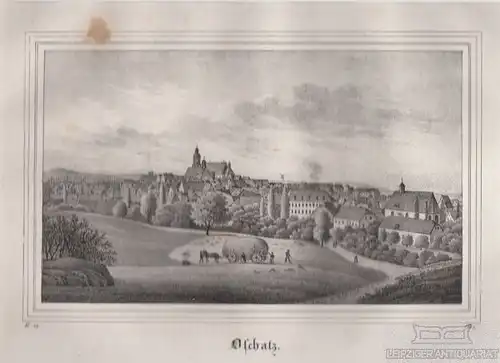 Oschatz. Original-Lithographie. Grafik mit Passepartout. Kunstgrafik, 1840