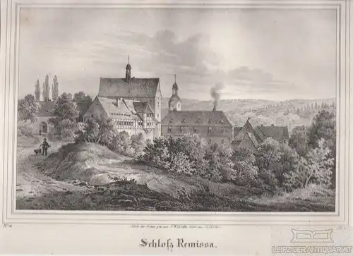 Schloss Remissa. Original-Lithographie. Grafik mit Passepartout, Arldt. 1840