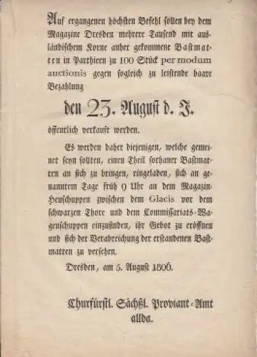 Buch: (Aufruf zu einer Versteigerung von Partien mit 100 Bastmatten im...1806