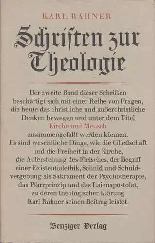 Buch: Schriften zur Theologie, Rahner, Karl. 1964, Benziger Verlag, Band II