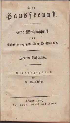 Buch: Der Hausfreund. Zweiter Jahrgang, Nrn. 1-26, Geisheim, C. (Hrsg.), 1822,