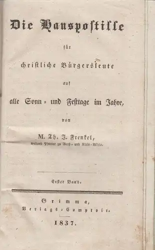 Buch: Die Hauspostille für christl. Bürgersleute, Frenkel, Th. J., 3 Teile, 1837