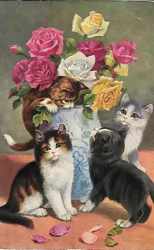 AK Jungkatzen mit Rosen, ca. 1975, gebraucht, gut