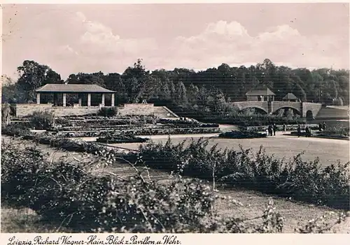 AK Leipzig. Richard-Wagner-Hain, Blick z. Pavillon u. Wehr. ca. 1939, Postkarte