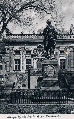 AK Leipzig. Goethe-Denkmal am Naschmarkt. ca. 1942, Postkarte. 1942