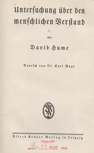 Buch: Untersuchung über den menschlichen Verstand, Hume, David, Alfred Kröner