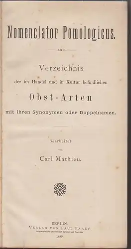 Buch: Nomenclator Pomologicus, Mathieu, Carl, 1889, Paul Parex, guter Zustand