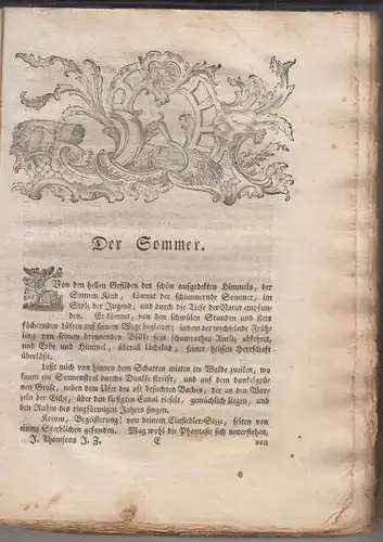 Buch:. Jahreszeiten, Thomson, Jacob, 1758, Koppische Buchhandlung, gebraucht gut