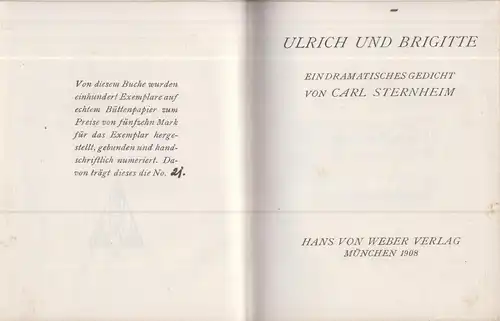 Buch: Ulrich und Brigitte. Sternheim, Carl, 1908, Hans von Weber Verlag