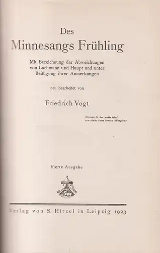 Buch: Des Minnesangs Frühling. Vogt, Friedrich, 1923, S. Hirzel Verlag