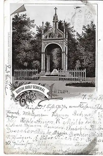 AK Gruss aus Lützen. Gustav Adolf Denkmal. Lithografie. ca. 1905, gebraucht, gut