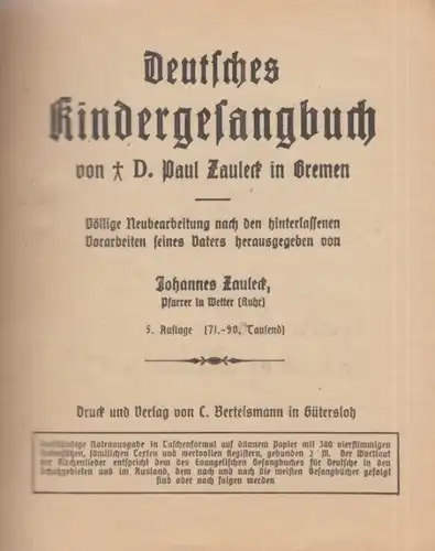 Buch: Deutsche Kindergesangbuch, Zauleck, Paul, Verlag C. Bertelsmann