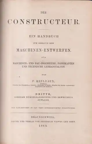 Buch: Der Constructeur. R. Reuleaux, 1896, Friedrich Vieweg & Sohn, Maschinenbau